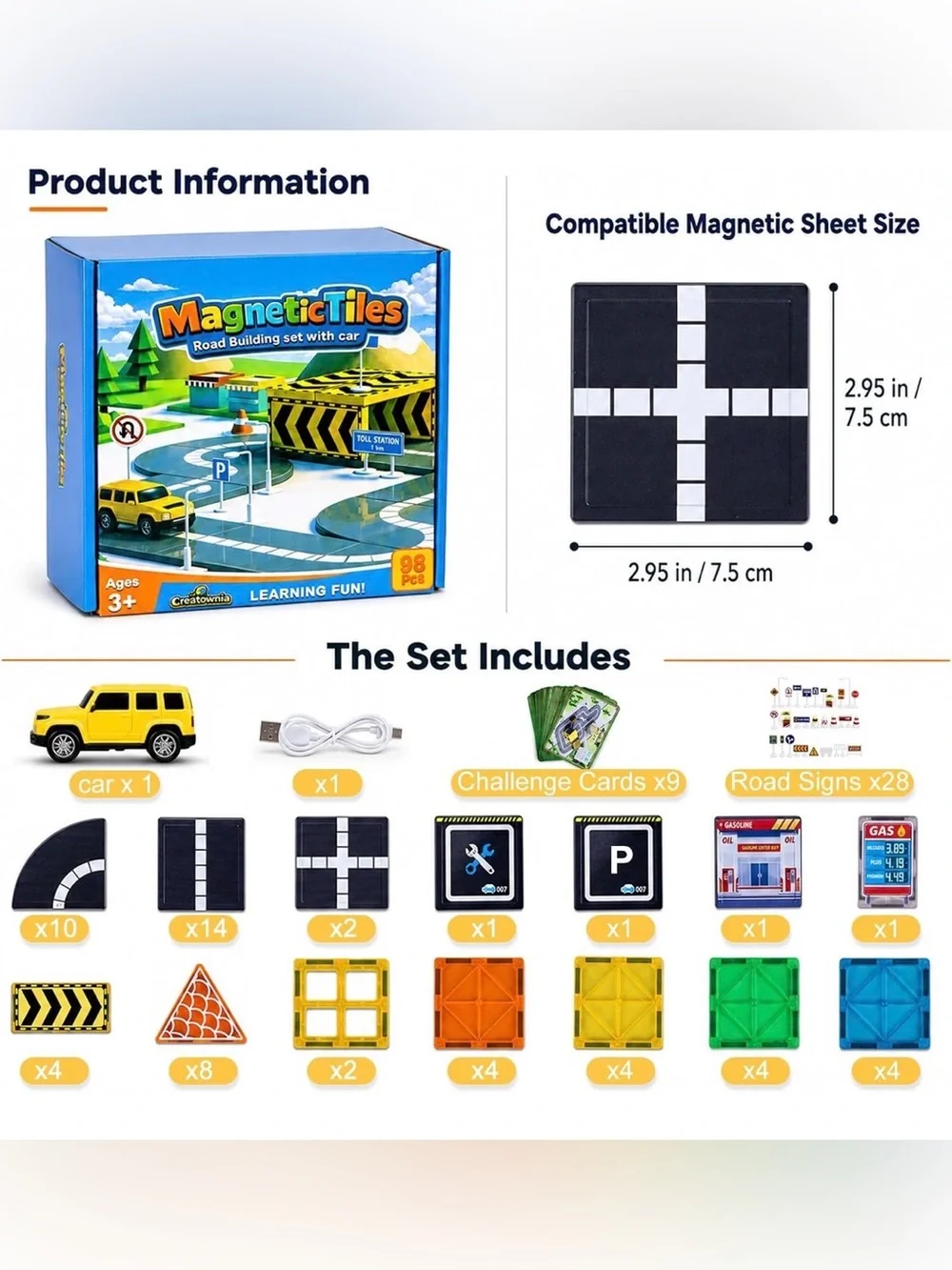 Magnetic Tile Road Set STEM Montessori Building Toy 98 Pieces Ages 4–12